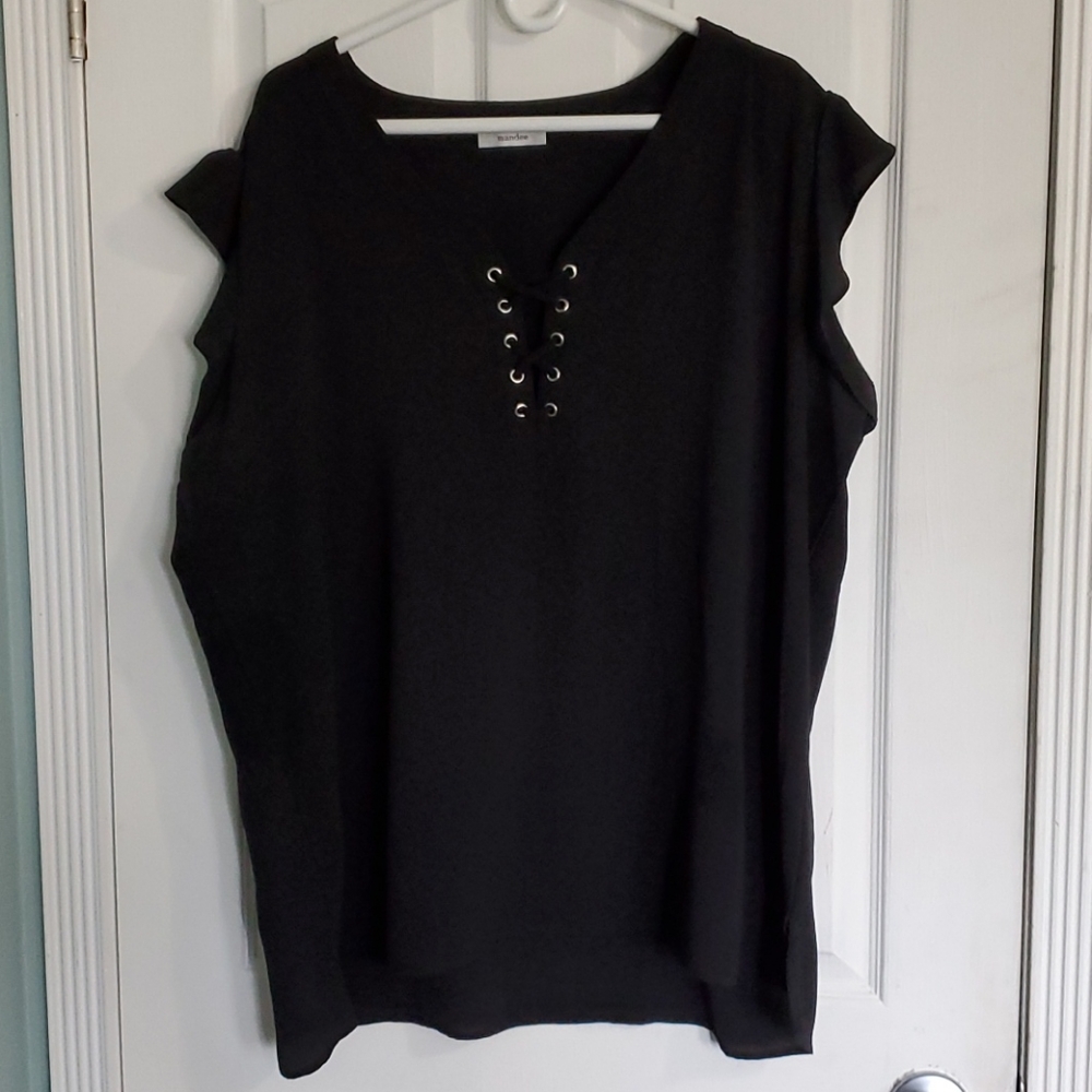Ruffle sleeve blouse with criss cross detail